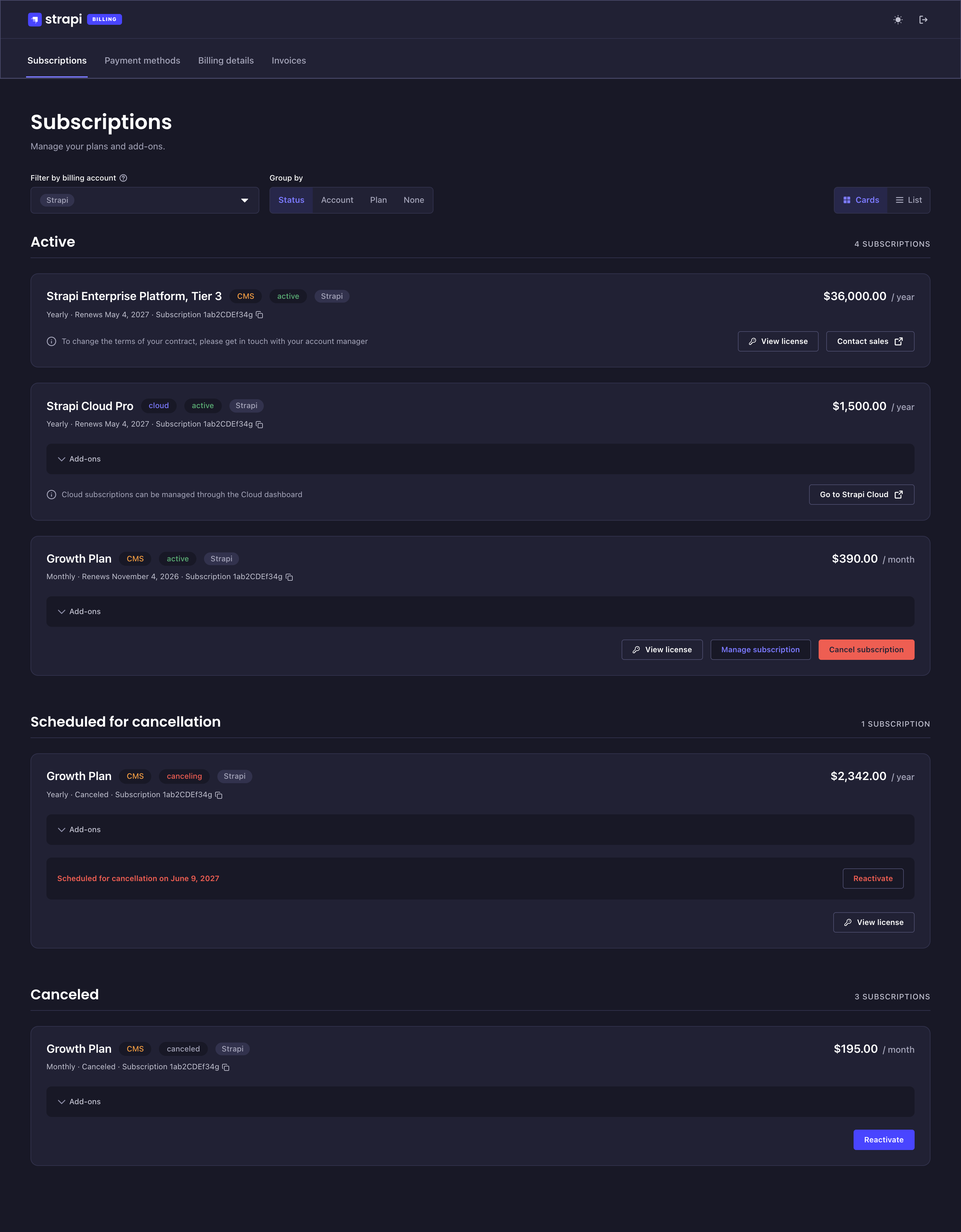 Billing portal screenshot: subscriptions